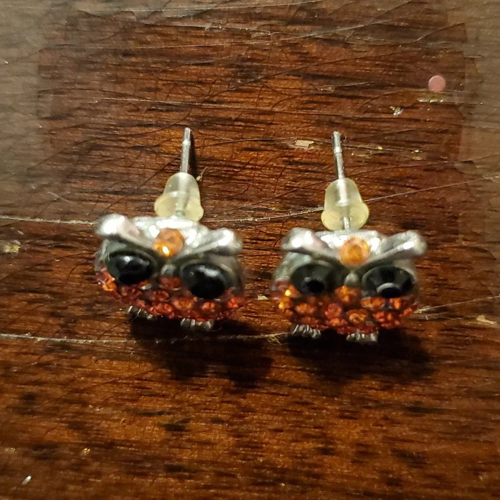 Red rhinestone gemstone bejeweled owl post earrings
